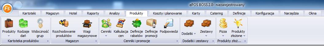 Produkty Jedna z podstawowych wstążek w oprogramowaniu. W tym miejscu definiujemy grupy towarowe kartoteki produktów, cenniki i promocje, zestawy i dodatki oraz produkty złożone (pizze zestawy itp.