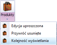 Górna z obrazkiem uruchamia słownik gdzie możemy zdefiniować grupy towarowe i produkty a dolna cześć rozwija podmenu z dodatkowymi funkcjami: Edycja uproszczona, Przywróć usunięte i Kolejnośc