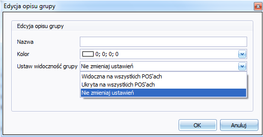 66 Po wybraniu Dodaj otworzy się okno w którym należy wpisać nazwę grupy określając jej kolor i w zależności czy to jest grupa zawierająca surowce do przygotowania potraw czy produkty sprzedażowe