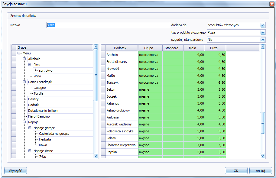 W Dodatki -> grupy zdefiniować grupy dodatków (np.