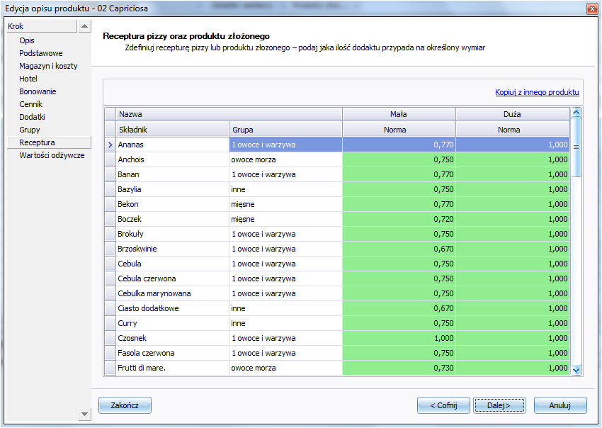 W kroku receptury określamy ile jakiego składnika zużywane będzie na wskazane wielkości ciast (jeśli receptury dla dodatków określone były wg największej pizzy to największa ma 1 składnik a mniejsze