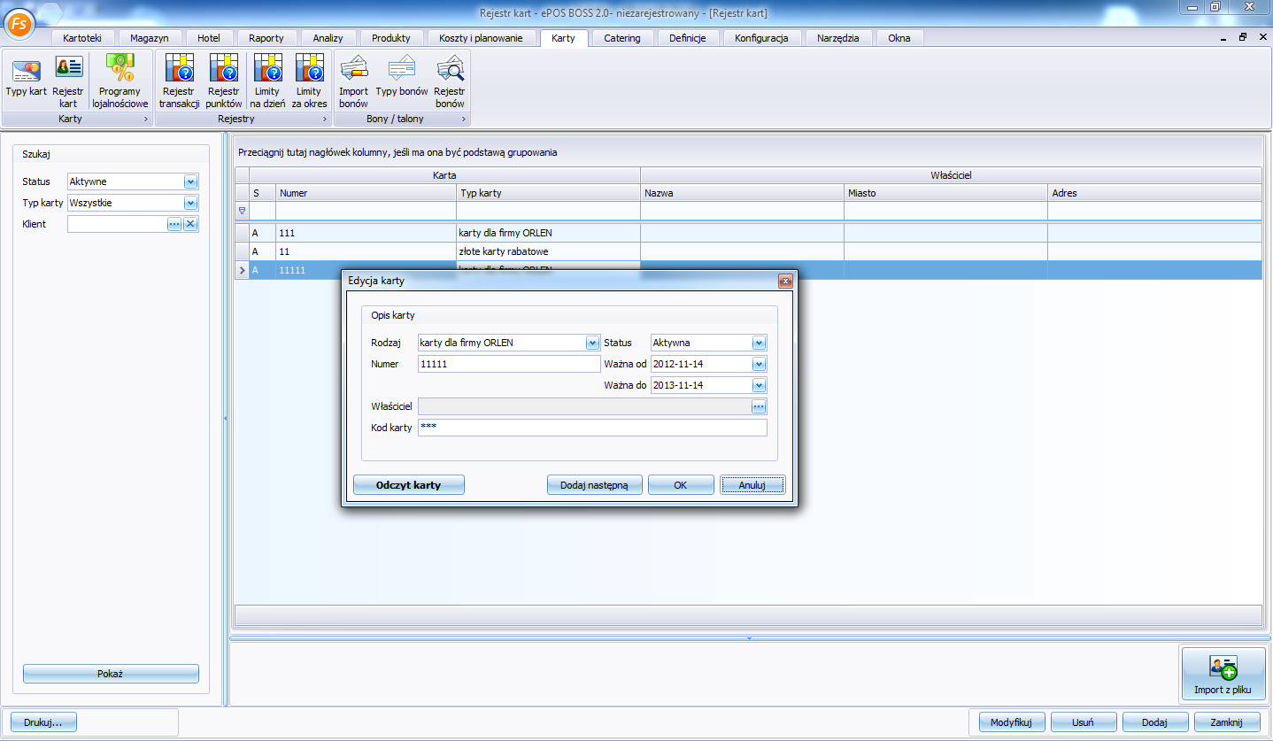 Karty Karty Rejestr Kart Miejsce gdzie definiujemy konkretne karty rozdawane dla klientów. 96 Dodajemy kartę klikając Dodaj.