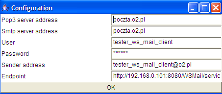 Rysunek 16, Okno konfiguracji Domyślnie skonfigurowane jest testowe konto uŝytkownika: Serwer POP3: poczta.o2.