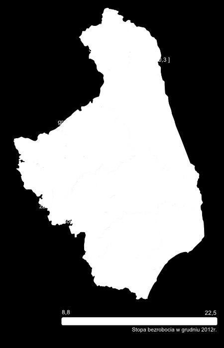 Mapka 7. Stopa bezrobocia w grudniu 2012 w województwie podlaskim Źródło: Podlaski rynek pracy, Wojewódzki Urząd Pracy, Grudzień 2012r. W analizowanym okresie tj.