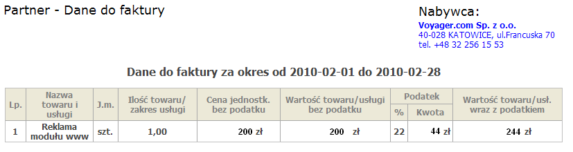 Na początku miesiąca należy wstawić fakturę, wg poniższego wzoru i przesłać na adres firmy Voyager.