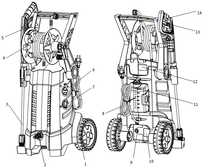 GB DESCRIPTION APPLICATIONS The machine is intended to be used to clean vehicles, machines and buildings etc. The machine is only intended for household use. PARTS 1. Wheel 2. Water inlet 3.