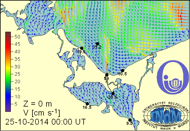 Rysunek 3.6 Rozkład prądów powierzchniowych w Zatoce Pomorskiej według prognozy na godz. 6 UTC w wybranych dniach września i października 2014 r.
