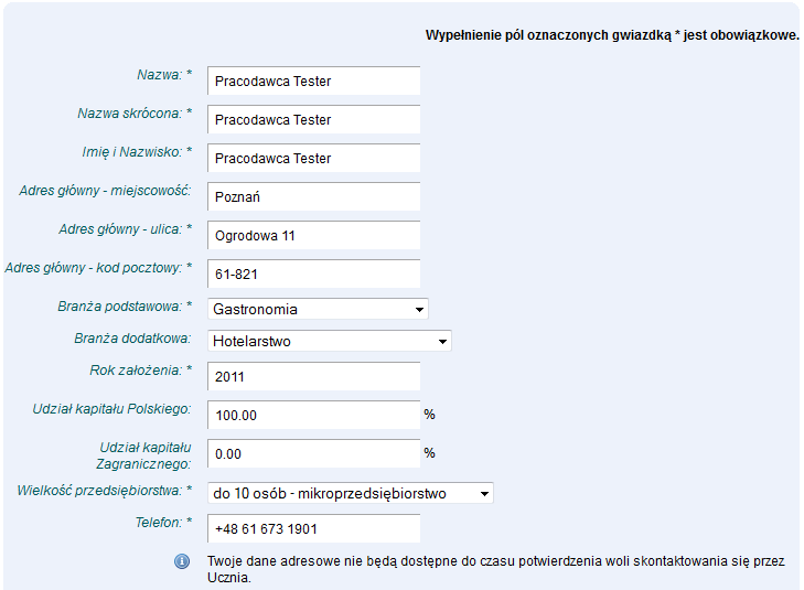 4.3. Moduł pracodawcy 117 Imię i Nazwisko pole tekstowe do wprowadzenia osoby kontaktowej z przedsiębiorstwa, Adres główny miejscowość pole tekstowe do wprowadzenia miejscowości przedsiębiorstwa,