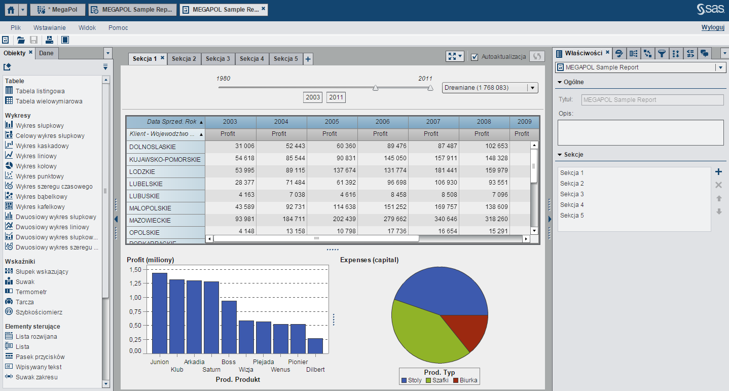 WIĘCEJ NIŻ ANKIETY SAS VISUAL ANALYTICS - DESIGNER Interfejs służący projektowaniu raportów i pulpitów Wykorzystuje wiele źródeł danych Duża liczba opcji wizualizacji z możliwością kreowania