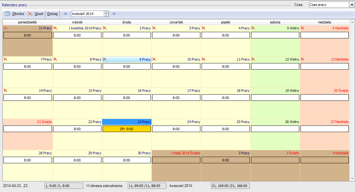 Kalendarz / Czas pracy Opcja służy odnotowaniu rzeczywistego czasu pracy.