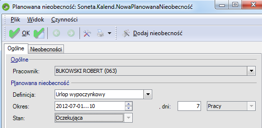 Kalendarz / Planowane nieobecności Zakładka widoczna w wersji platynowej programu jeżeli w konfiguracji systemu Kadry i Płace / Kalendarze / Definicje nieobecności, nieobecność Urlop wypoczynkowy na