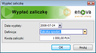 Płace / Zaliczki Program umożliwia wypłatę zarówno zaliczek opodatkowanych jak i nieopodatkowanych. Ich wypłacie służy opcja Czynności / Wypłać zaliczkę.