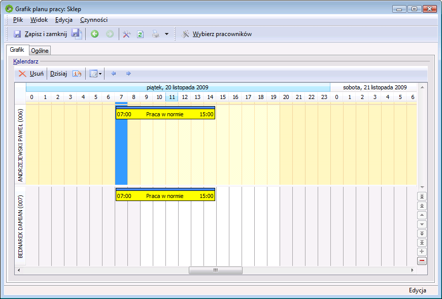 Przypinanie pracowników do grafiku czasu pracy Po naciśnięciu przycisku OK pojawi się kolejna zakładka o nazwie Grafik, która wygląda jak poniżej.