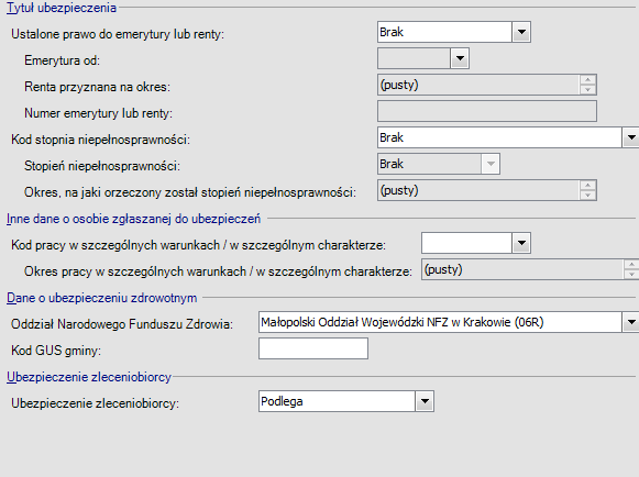 Kadry / Dane ubezpieczeniowe Formularz służy do wprowadzania ogólnych danych ubezpieczeniowych niewynikających bezpośrednio ze stosunku pracy czy zawartej umowy cywilnoprawnej.