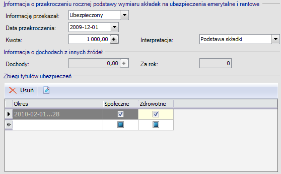 Kadry / Podstawy składek ZUS Na podstawie zaewidencjonowanych w programie wypłat automatycznie ustalany jest moment i kwota przekroczenia rocznej podstawy składek na ubezpieczenia emerytalne i