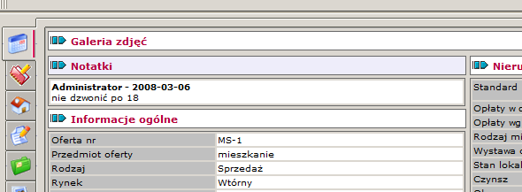 II.7.11. Dziennik i kontakty oraz Menu metryki oferty Ostatnia zakładka metryki oferty to Dziennik i kontakty. Znajduje się tu również wiele ikon narzędziowych, które tworzą Menu metryki oferty.