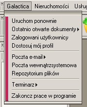 Menu Galactica W menu Galactica znajduje się szereg opcji ogólnych, przydatnych w codziennej pracy z systemem. I.4.1.