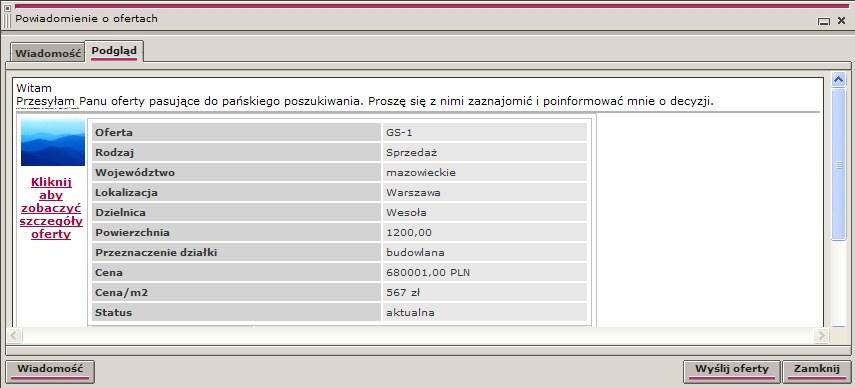 Następnie wpisujemy Temat i Treść wiadomości i przechodzimy niżej do opcji wysyłanej wiadomości. III.1.1. Opcje wysyłanej wiadomości Liczba ofert licznik ofert, które będą wysłane z wiadomością.