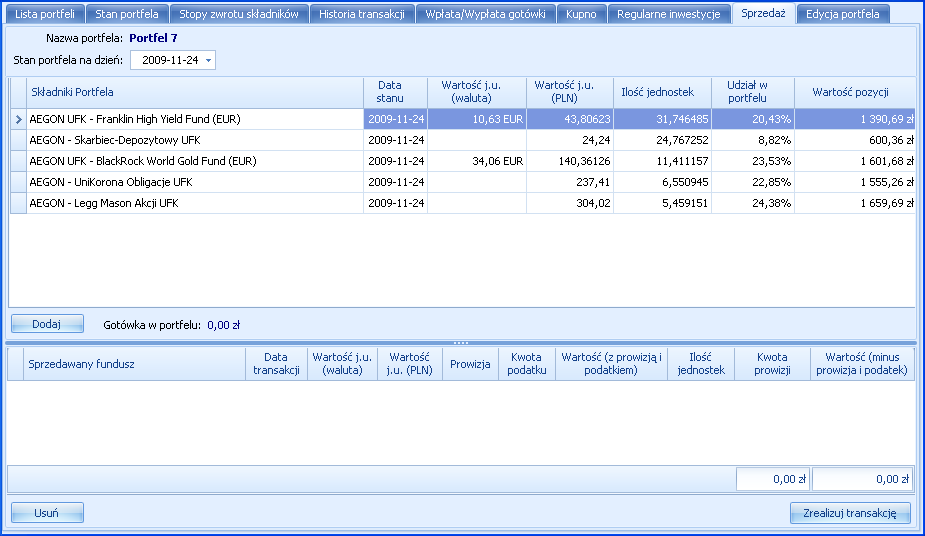 Sprzedaż Zakładka Sprzedaż służy przeprowadzaniu operacji sprzedaży instrumentów wchodzących w skład portfela w całości bądź ich części.