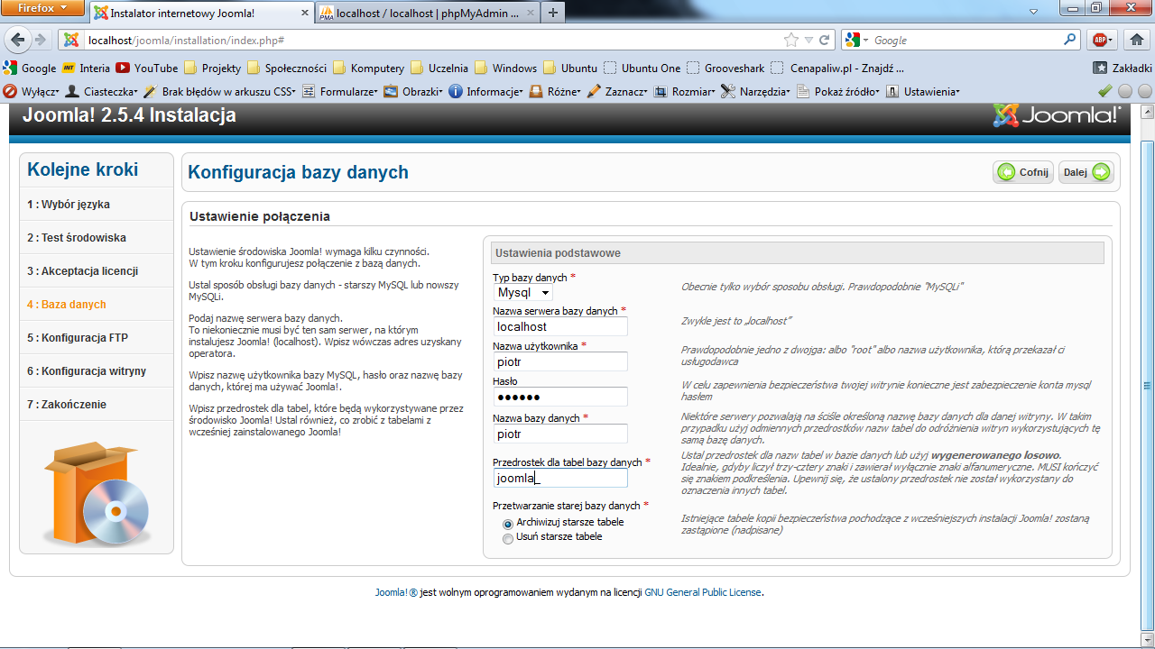 Rysunek 9: Instalacja: 4 - Konfiguracja bazy danych Jeśli wszystko wykonało się poprawnie to otwierając phpmyadmin otrzymamy w tym schemacie mnóstwo tablic Joomli (jak na obrazie 10).