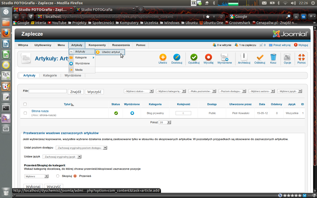 Rysunek 14: Dodanie artykułu 2.3 Tworzymy blog i pierwszy wpis Mając już język polski, możemy przejść do utworzenia blogu. Aby zrozumieć jak to działa należy zrozumieć jak Joomla patrzy na tzw.