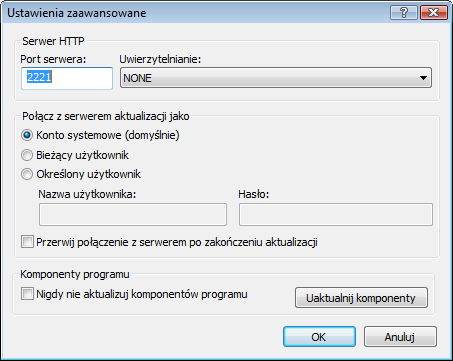 dostępu do plików aktualizacji. Dostępne są następujące opcje: NONE, Basic i NTLM.
