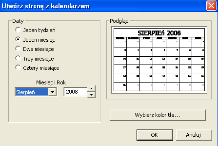 Narzędzie to umożliwia nam tworzenie tła ze stroną z kalendarza. Mamy możliwość wyświetlenia jednego tygodnia lub jednego do czterech miesięcy na pojedynczej stronie. 1.