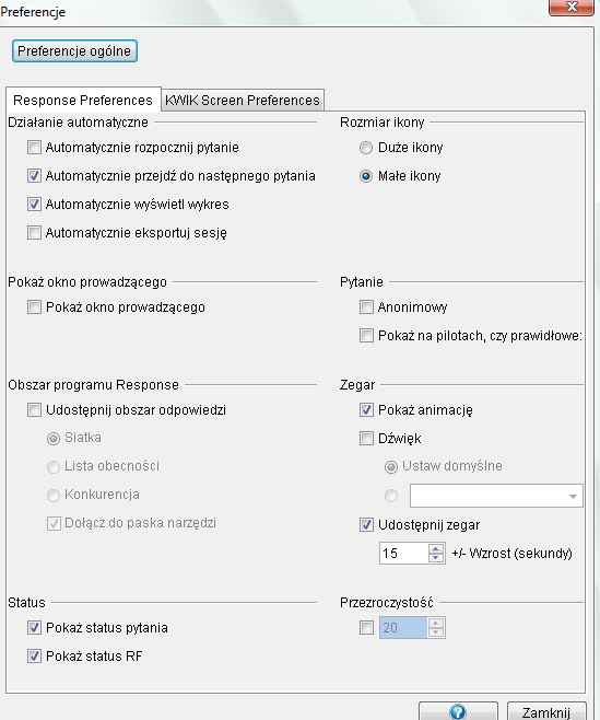 Ustawienia ekranu KWIK dla Interwrite Response Zaznacz