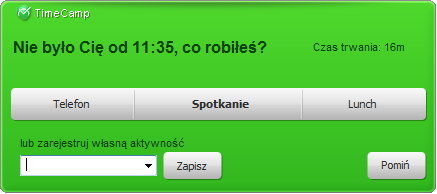 Rejestracja czasu pracy z dala od komputera TimeCamp Enterpise pozwala na ewidencję czasu pracy z dala od komputera.