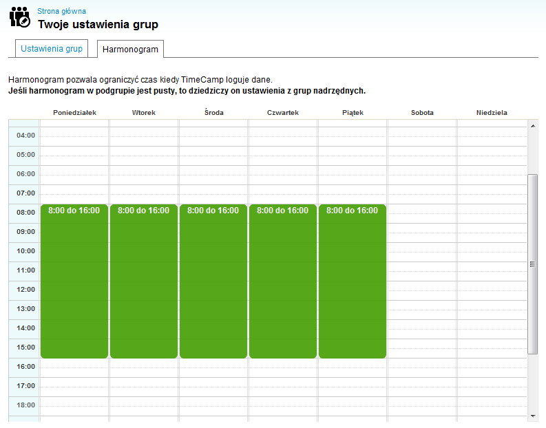 Harmonogramowanie pracy systemu TimeCamp może monitorowad aktywnośd użytkowników zawsze kiedy komputer jest włączony, 24 godziny na dobę.