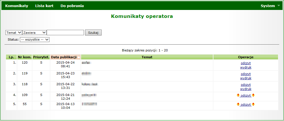 8. Komunikaty NOWOŚĆ! Obszar Komunikaty umożliwia świadczeniodawcom/lekarzom odczytywanie komunikatów zdefiniowanych przez operatorów NFZ.