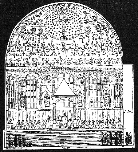 II. STRUKTURA PRZESTRZENI SACRUM Od IV wieku w wielu przypadkach ołtarze były przykrywane baldachimem, wspartym na czterech kolumnach, zwanym cyborium lub tegurium (Rys. II-3).
