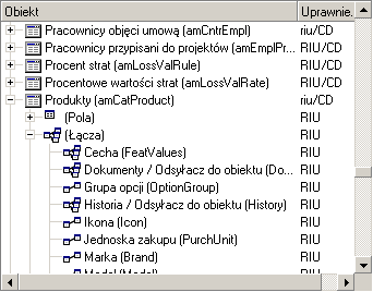 Administracja Uprawnienia są wyświetlane w kolumnie. Filtr Wyświetl tylko tabele z uprawnieniami pozwala przeglądać tylko tabele, dla których zostały zdefiniowane uprawnienia użytkownika.