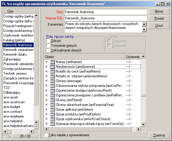 AssetCenter Rysunek 12.2. Profil użytkownika - ograniczenia dostępu Można ograniczyć dostęp oraz/lub uprawnienia do modyfikacji poprzez użycie warunków podobnych do zapytań.