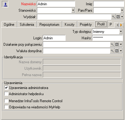 Administracja Login pracownika jest podany w tabeli wydziałów i pracowników (zakładka Profil) Należy również wypełnić pole E-mail w zakładce Ogólne na ekranie szczegółów pracownika zgodnie z