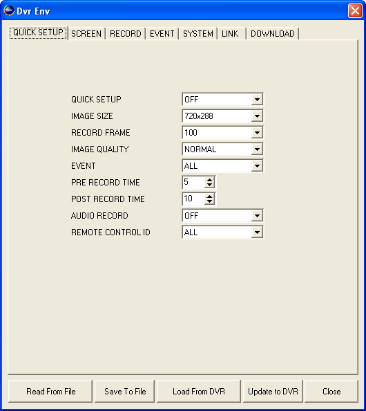 5. SYSTEM SETUP ustawiania systemowe 6. LINK ustawiania sieciowe 7. DOWNLOAD wgranie nowego firmwaru do rejestratora. 8. READ FROM FILE wgranie ustawień rejestratora z pliku. 9. SAVE TO FILE 10.