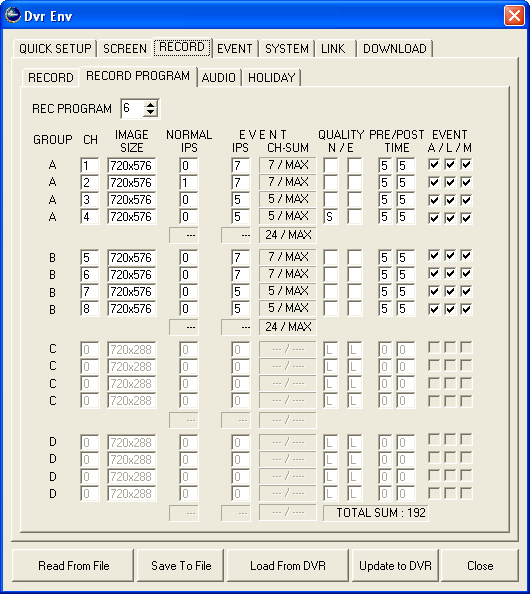 a. Record Program: b. Record Type: c. Image Size: d. Normal Record: e. Event Record: g. Quality Normal: h. Quality Event: i. Pre Record Time: j. Post Record Time: k.