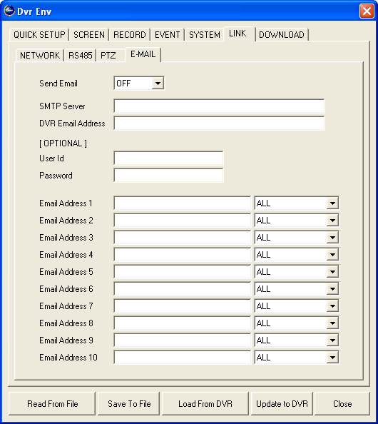 70/75 8.6.4 E-mail a. b. c. d. e. f. Send e-mail: SMTP Server: DVR e-mail Address: User ID: Password: E-mail addresses 1 do 10: on / off.