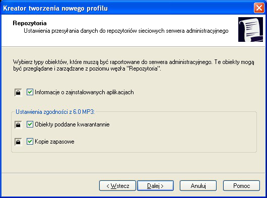 W oknie Repozytoria zdefiniuj opcje zbierania przez system informacji o aplikacjach zainstalowanych na komputerach należących do grupy oraz o obiektach w repozytoriach.