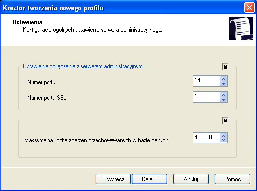W polu Maksymalna liczba zdarzeń przechowywanych w bazie określ żądaną wartość. Domyślną wartością jest 400 000 wpisów. Rysunek 74. Tworzenie profilu serwera administracyjnego.