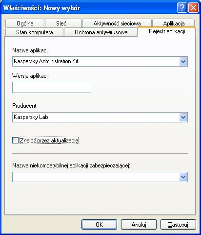 Jeżeli zainstalowana aktualizacja aplikacji jest używana jako kryterium wyszukiwania, zaznacz pole Szukaj aktualizacji i w odpowiednich