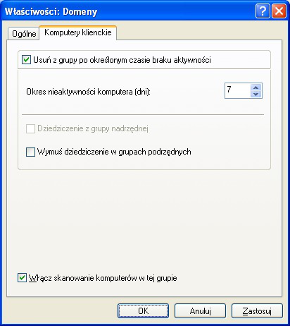 3. W oknie, które zostanie otwarte, na zakładce Komputery klienckie (patrz poniżej) usuń zaznaczenie z pola Włącz skanowanie komputerów w tej grupie. Rysunek 208.
