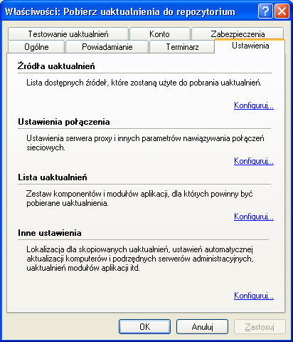 2. W oknie, które zostanie otwarte, wybierz zakładkę Ustawienia (zobacz poniższy rysunek). Rysunek 227. Zmienianie listy uaktualnień. Zakładka Ustawienia 3.