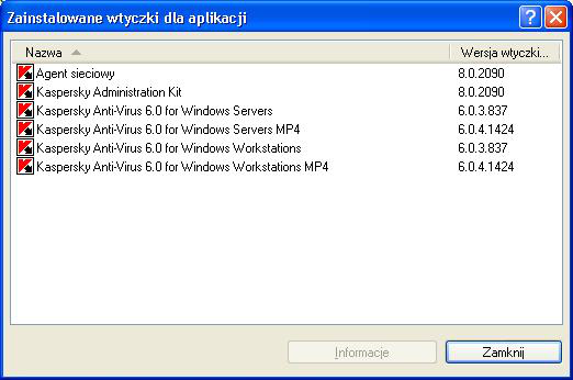 Przy użyciu odsyłacza Informacje o zainstalowanych wtyczkach dla aplikacji możesz otworzyć okno, w którym wyświetlona będzie lista wtyczek zainstalowanych na serwerze administracyjnym (zobacz