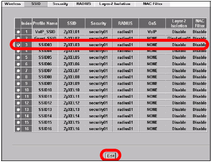 3 Kliknij zakładkę SSID. Pojawi się następujący ekran Sprawdź, czy wybrane są domyślne ustawienia profilu SSID03.