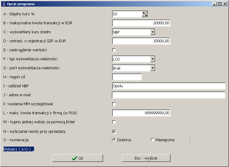 13.6. Opcje Umożliwiające ustawienia parametrów programu: Błędny kurs - służy do ustawienia maksymalnej dopuszczalnej różnicy kursu z tabeli z kursem dla transakcji powyżej której program sygnalizuje