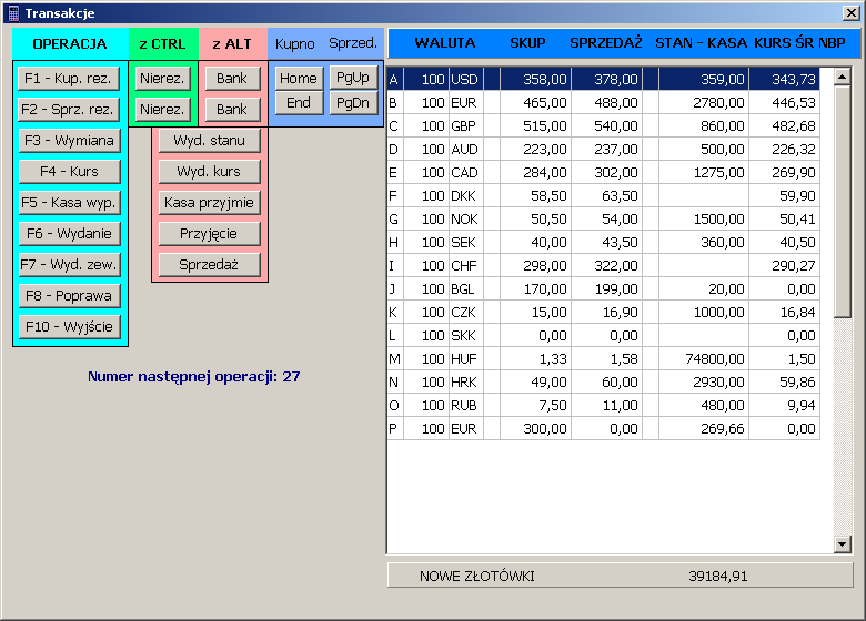 5. TRANSAKCJE Po wybraniu polecenia Transakcje w menu głównym programu pojawi się okno: Jest to główny ekran roboczy systemu, zawierający po lewej stronie wykaz operacji, a po prawej wykaz walut,