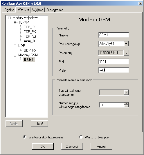 36 Odbiornik Systemu Monitoringu OSM.2007 Parametry konfiguracyjne modułu Modem GSM Parametry modułu Modem GSM: Nazwa nazwa modułu jaką będzie się posługiwał OSM.