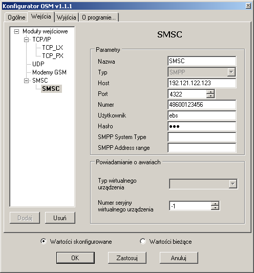 Użytkowanie 37 Parametry konfiguracyjne modułu łącza SMS-C Parametry modułu łącza SMS-C: Nazwa nazwa modułu jaką będzie się posługiwał OSM.