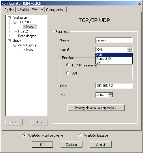 40 Odbiornik Systemu Monitoringu OSM.2007 Parametry analizatora TCP/IP UDP Parametry analizatora TCP/IP UDP: Nazwa nazwa analizatora jaką będzie się posługiwał OSM.